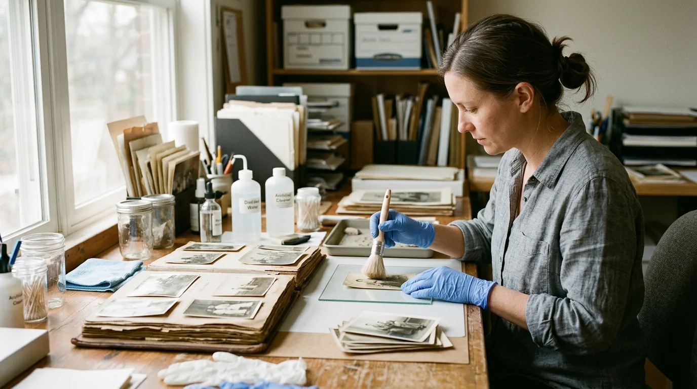 A woman wearing blue nitrile gloves uses a fine brush to clean an antique photograph at a crowded archival work desk.