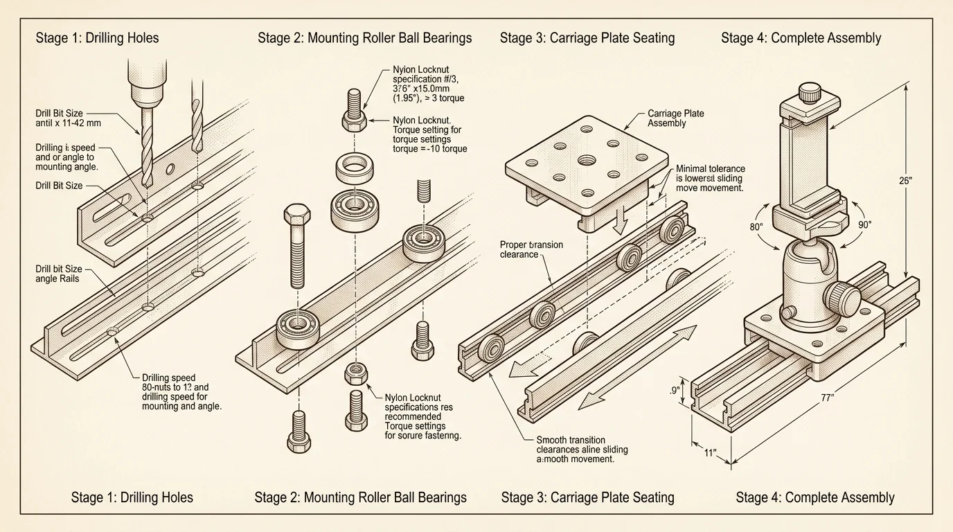 Four-stage technical diagram showing rail drilling, mounting ball bearings, carriage seating, and complete assembly.