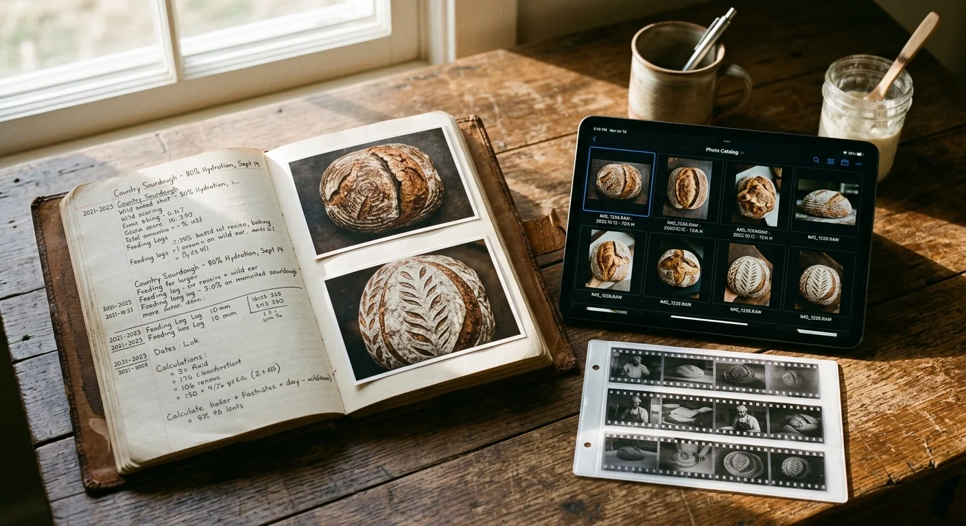 Open recipe notebook with loaf photos beside a tablet photo catalog, film negatives, and a jar on a rustic wooden desk.