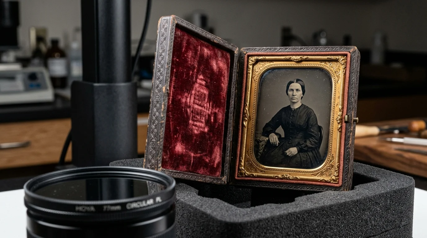 An open antique cased tintype portrait supported upright next to a polarizing camera lens filter on a workstation.