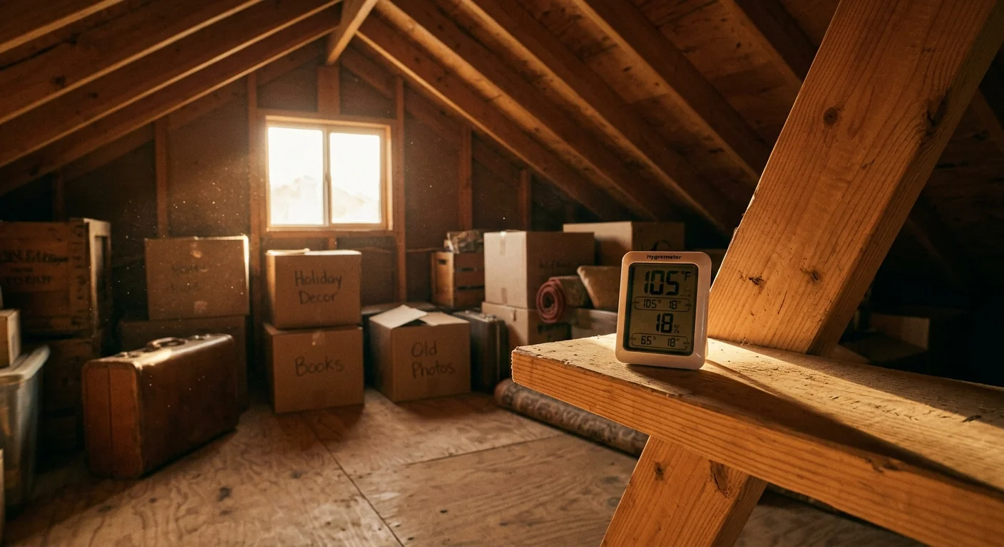 Digital thermometer reading 105 degrees on a wooden beam in a sunlit attic filled with cardboard storage boxes.
