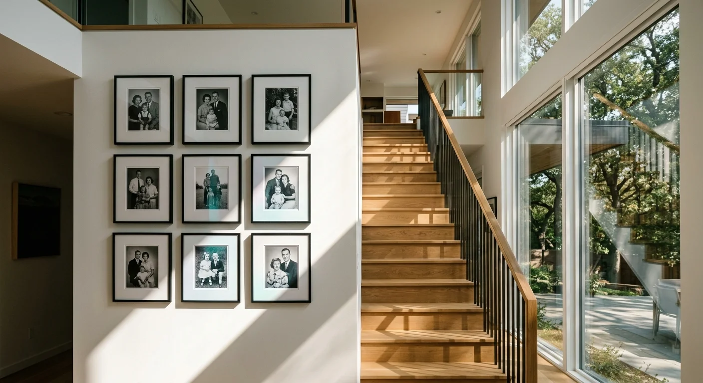 Grid of framed black-and-white family portraits hung on a white wall beside wooden stairs and large sunlit windows.