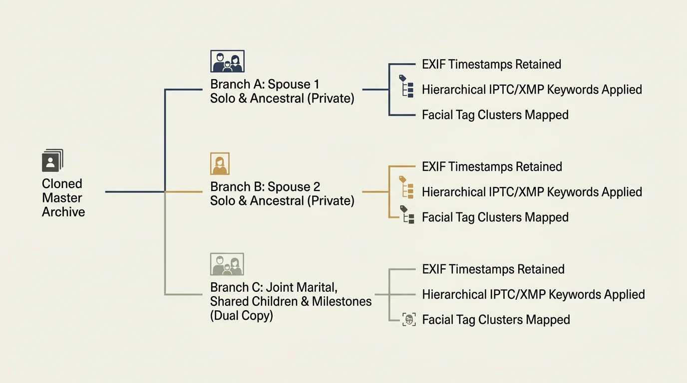 Tree diagram splitting a cloned master archive into Branch A, Branch B, and Branch C with metadata options.