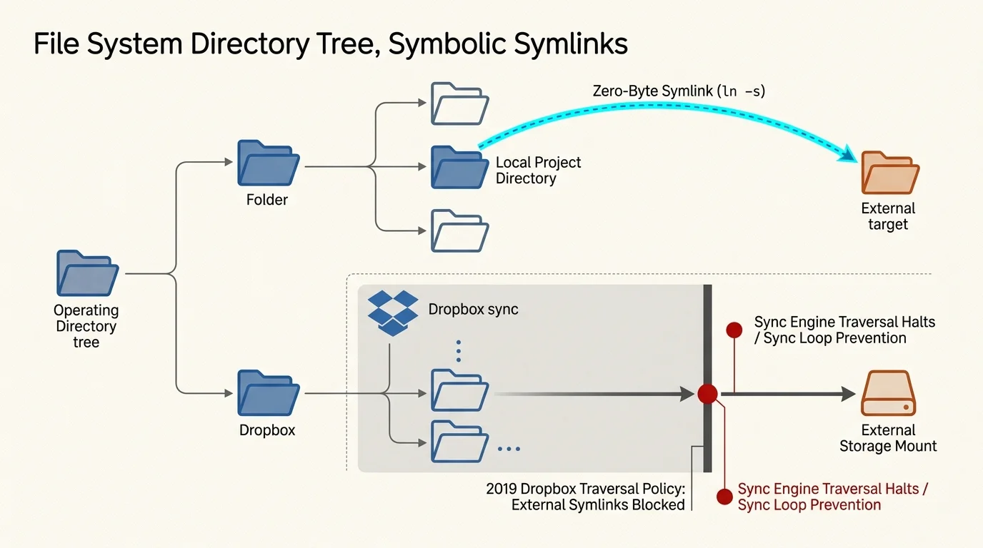 Diagram of a directory tree contrasting an active symlink against Dropbox blocking traversal to an external storage mount.