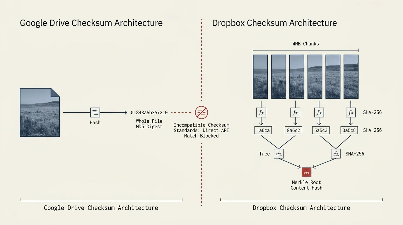 Diagram contrasting Google Drive's whole-file MD5 digest with Dropbox's 4MB chunked Merkle tree content hash architecture.