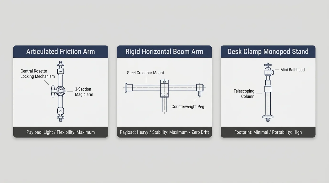 Diagram comparing three mounting types: an articulated friction arm, a rigid horizontal boom arm, and a desk clamp monopod stand.