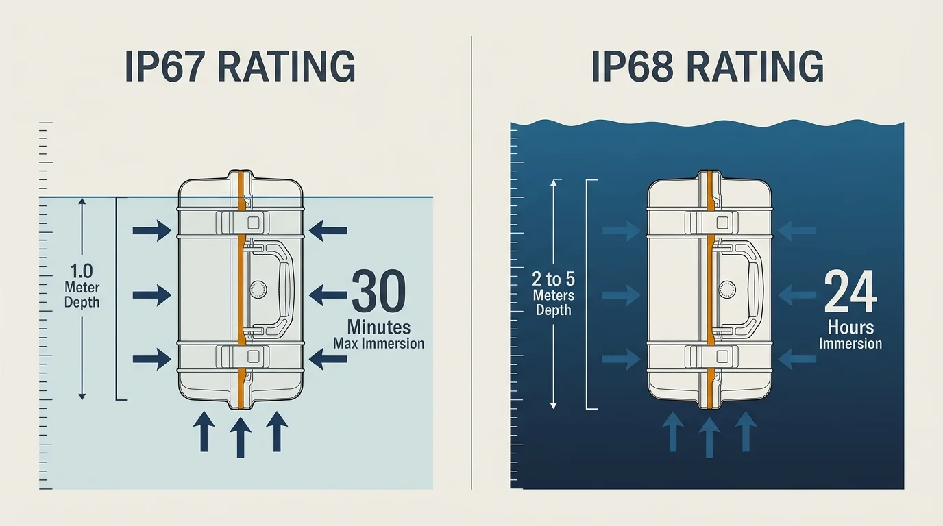 Diagram comparing IP67 rating at 1.0 meter depth for 30 minutes versus IP68 rating at 2 to 5 meters for 24 hours.