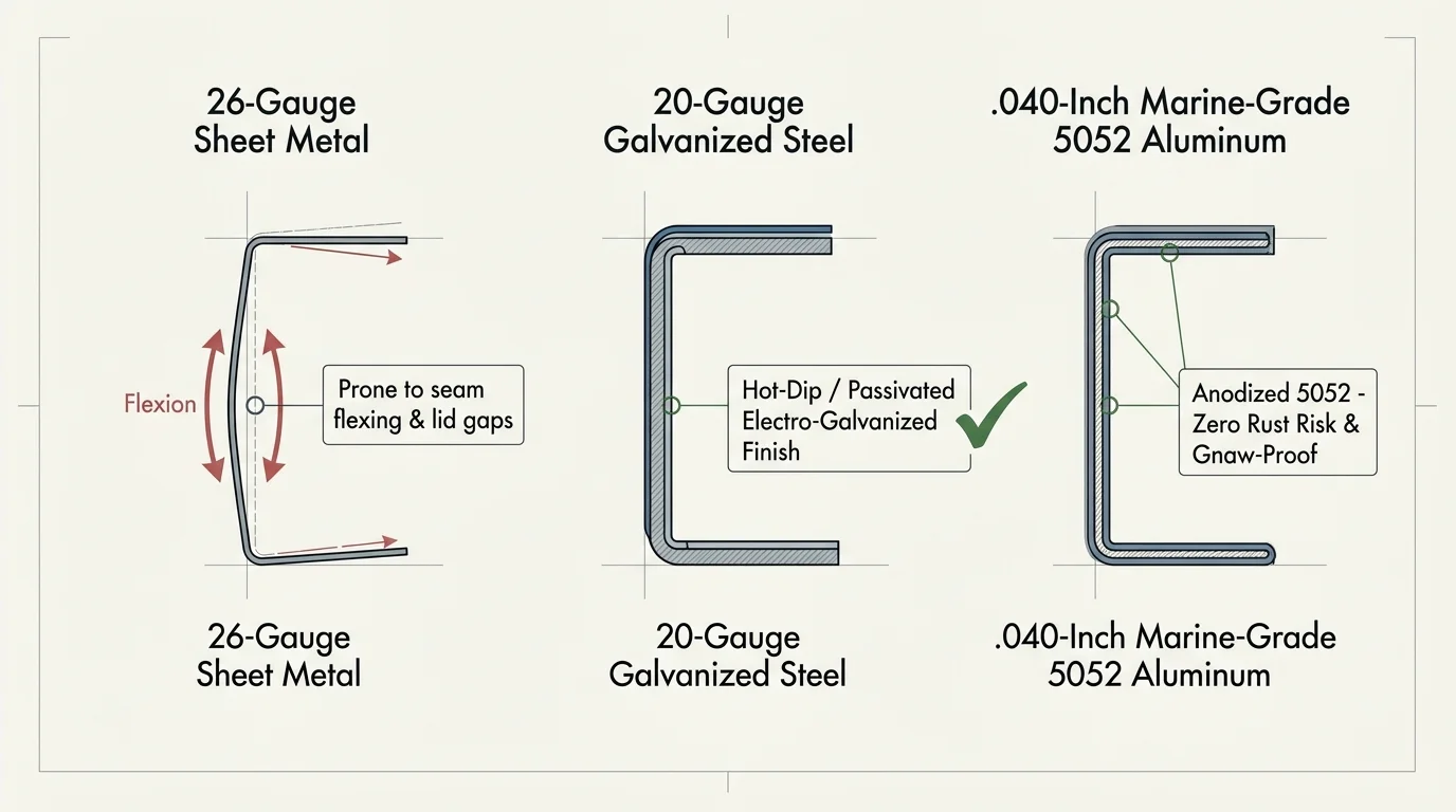 Cross-section diagrams comparing 26-gauge sheet metal flexion against rigid 20-gauge galvanized steel and 5052 aluminum.