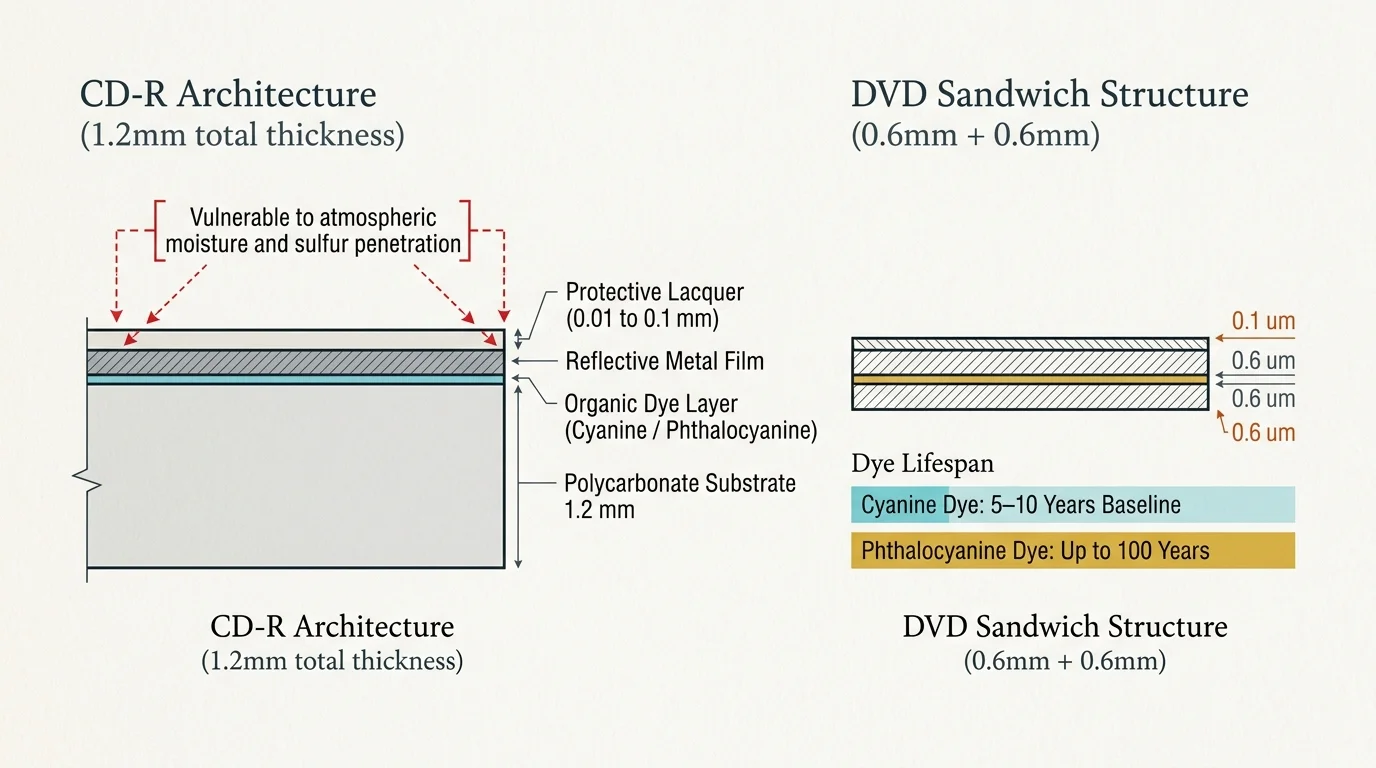 Cross-section diagram comparing CD-R architecture layers and thicknesses to a DVD sandwich structure and dye lifespans.