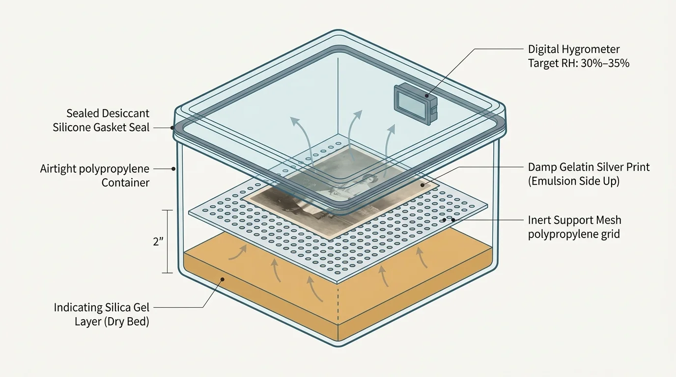 Diagram of an airtight desiccant chamber with silica gel, support mesh, a vintage print, and a digital hygrometer.