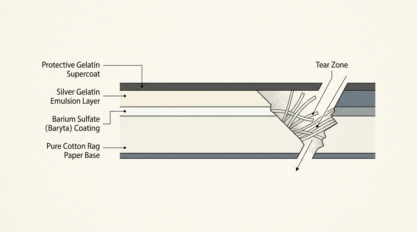 Cross-section diagram of photographic paper layers detailing a tear zone exposing cotton rag fibers.
