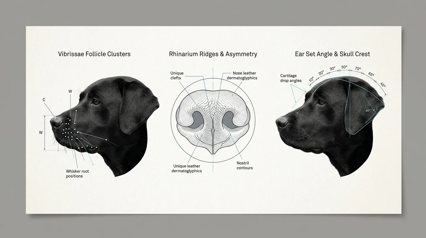 Three-part canine biometric diagram showing whisker follicle clusters, nose leather ridges, and ear set skull angles.