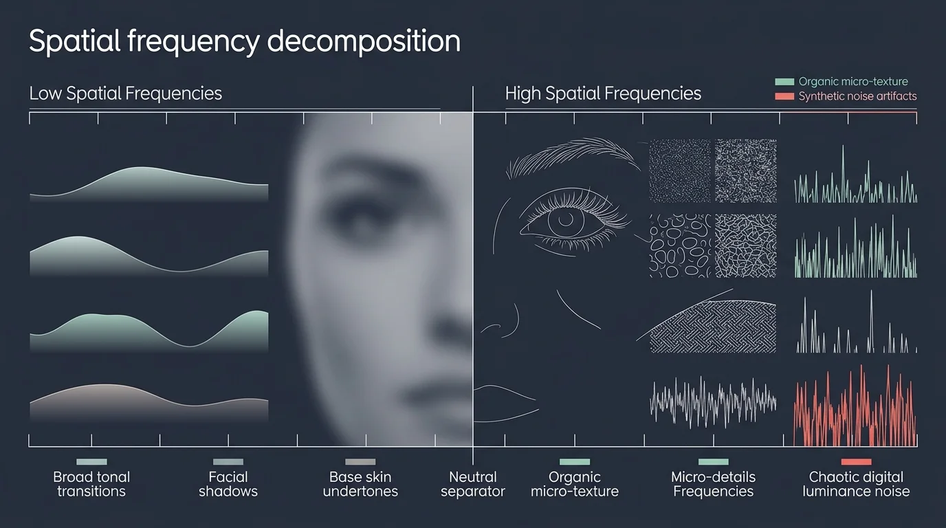 Diagram illustrating spatial frequency decomposition, contrasting smooth low-frequency waves with high-frequency facial micro-details.