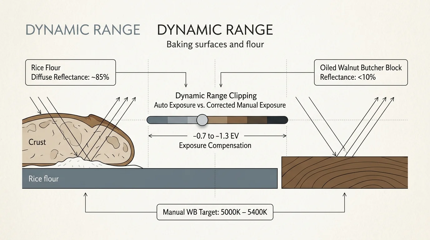 Diagram comparing light reflectance of rice flour on bread crust versus oiled walnut butcher block with exposure settings.
