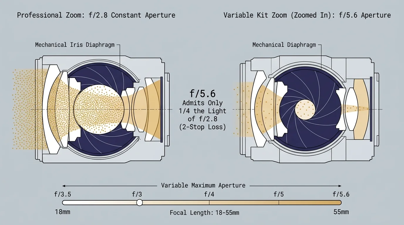 Diagram comparing light transmission between an f/2.8 professional zoom and an f/5.6 variable kit zoom lens.