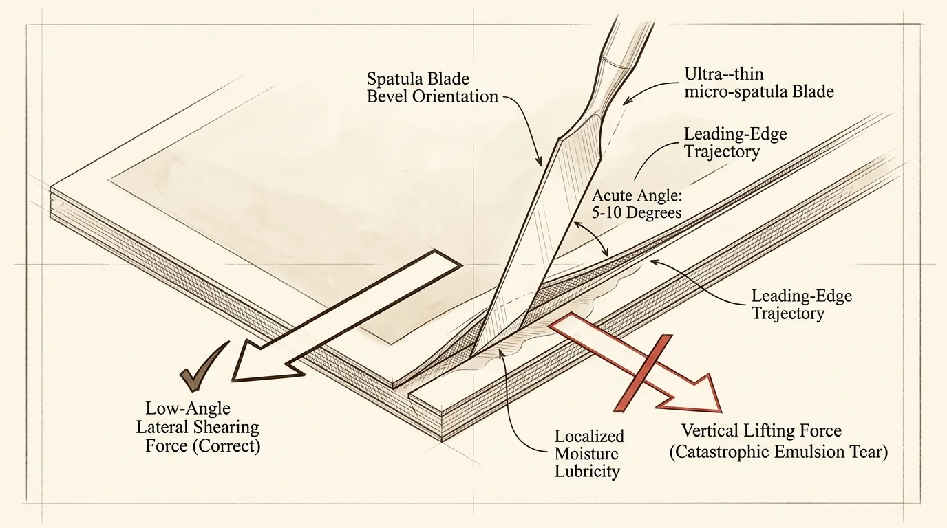 Diagram showing a micro-spatula blade separating stacked photo layers using low-angle lateral shearing force.