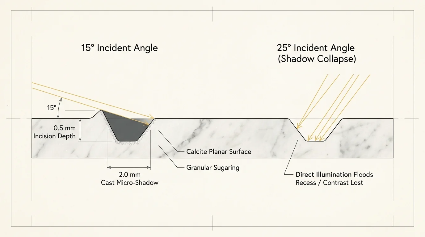 Cross-section diagram comparing light at 15 degrees casting a 2mm shadow versus 25 degrees flooding a 0.5mm groove.