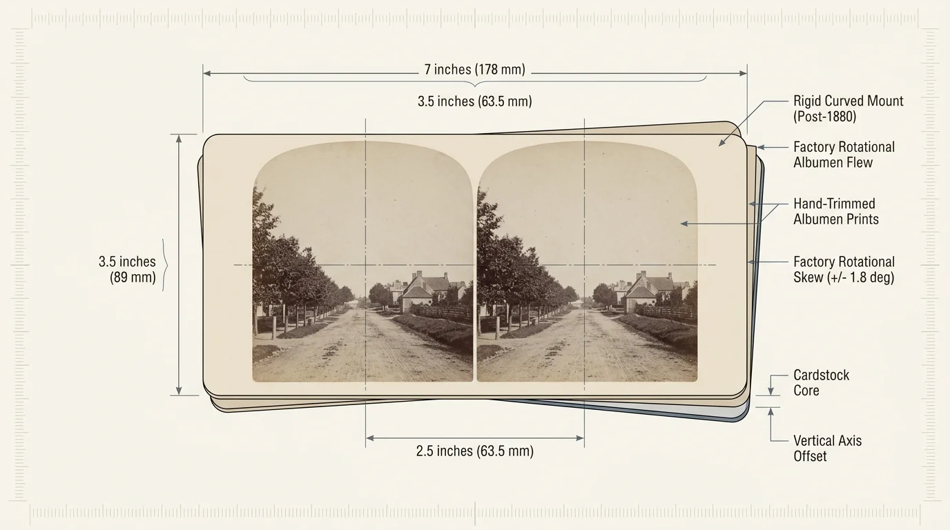 Diagram of a Victorian stereoview card showing 3.5 by 7 inch card dimensions, 2.5 inch lens spacing, and structural annotations.
