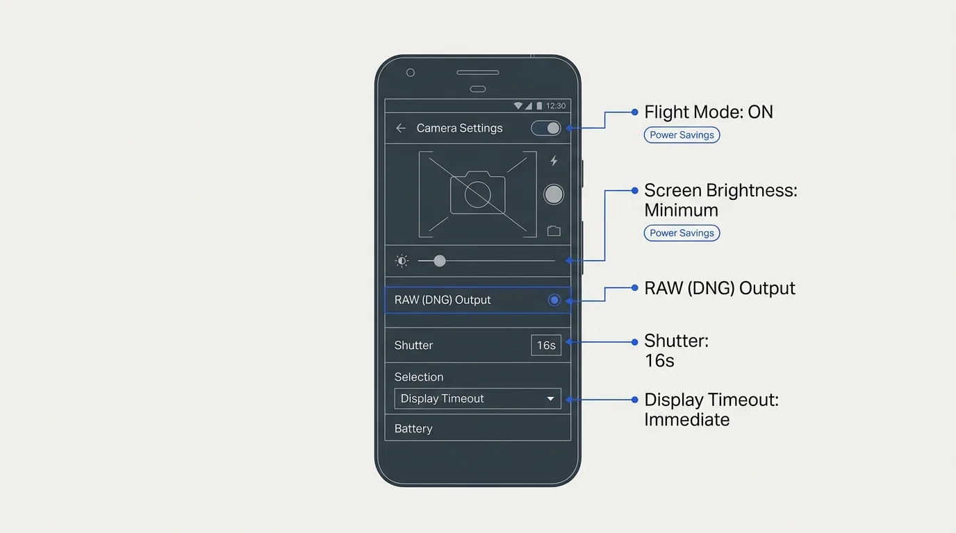 Diagram of smartphone camera settings showing Flight Mode, minimum screen brightness, RAW output, and shutter speed callouts.