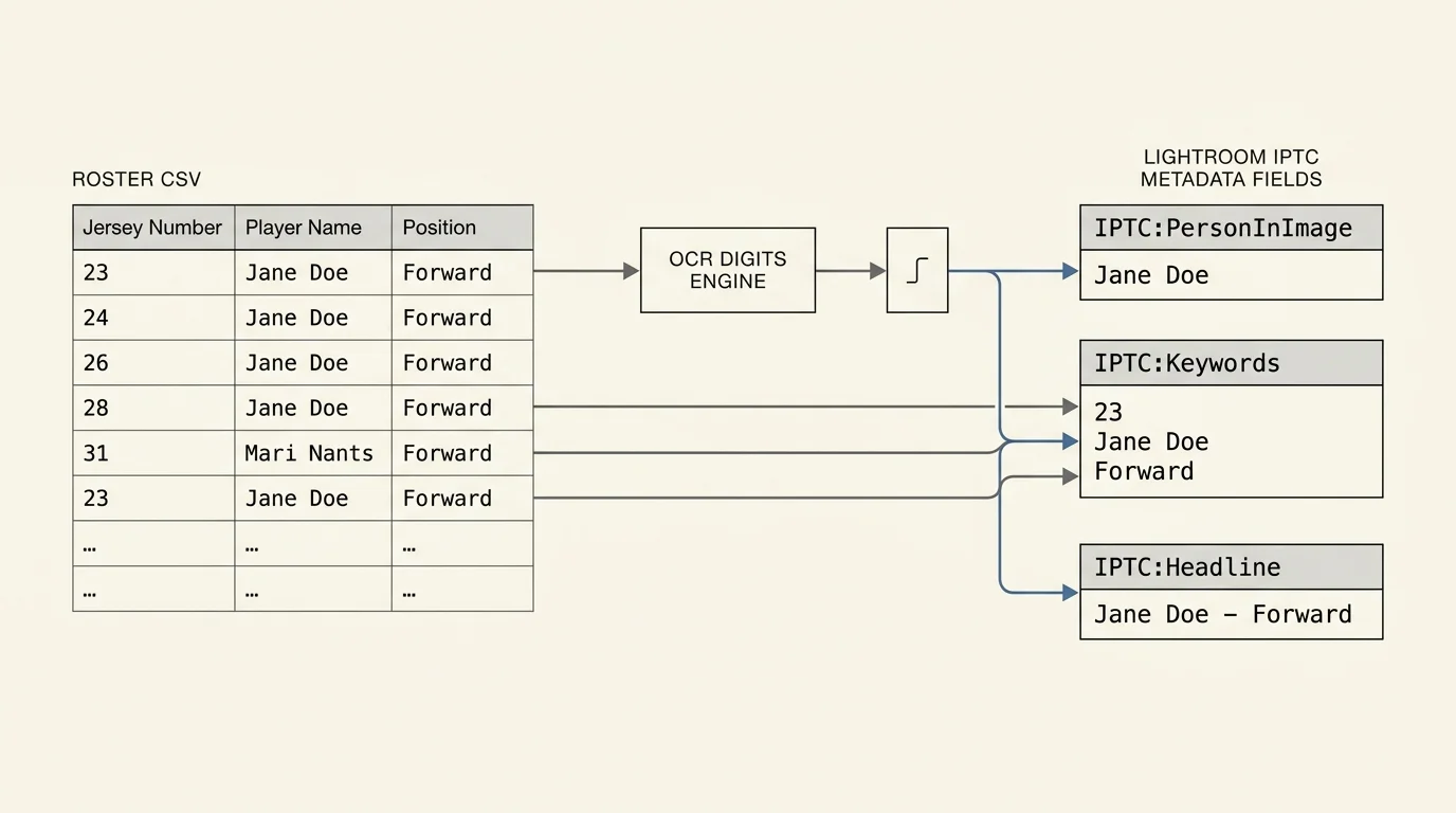 Diagram showing a roster CSV and OCR digits engine mapping data into Lightroom IPTC metadata fields.
