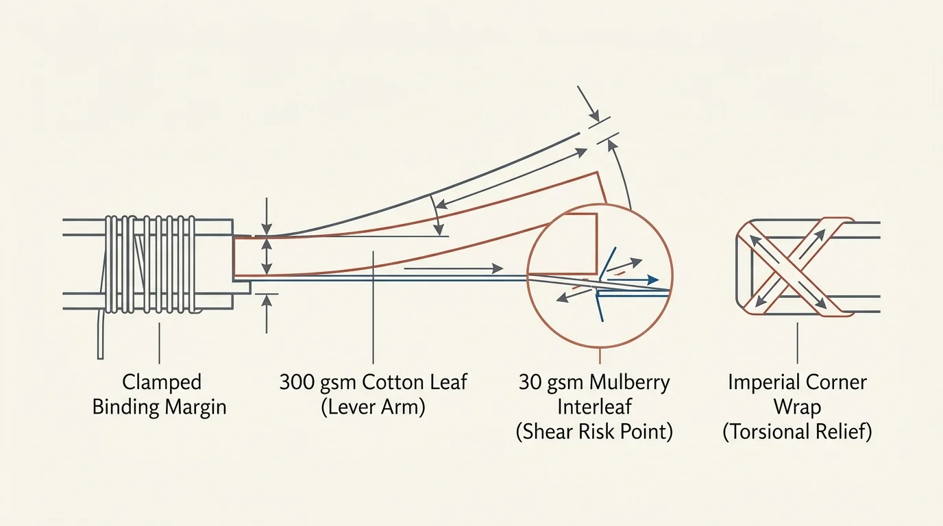 Diagram of binding mechanics showing a clamped margin, paper lever arm, shear risk point, and imperial corner wrap.