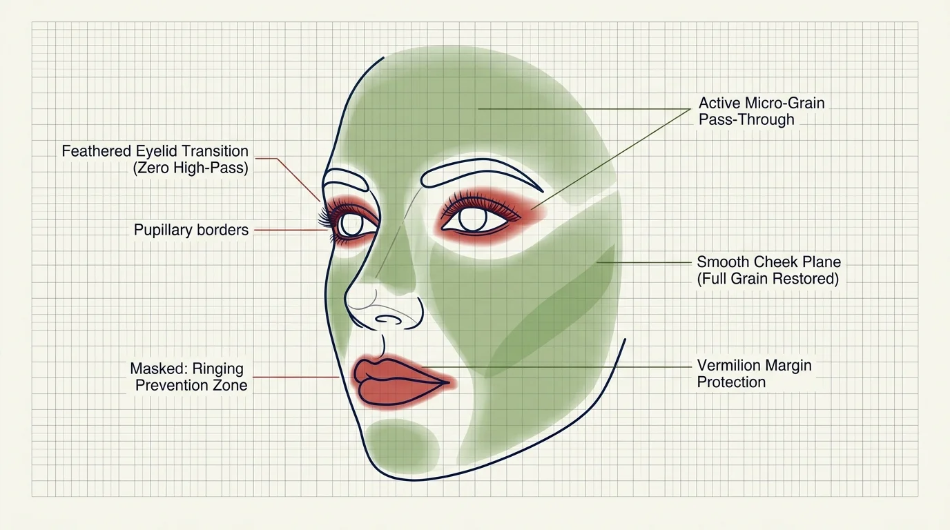 Diagram of a woman's face on grid paper showing red exclusion zones around the eyes and lips with green zones across skin.