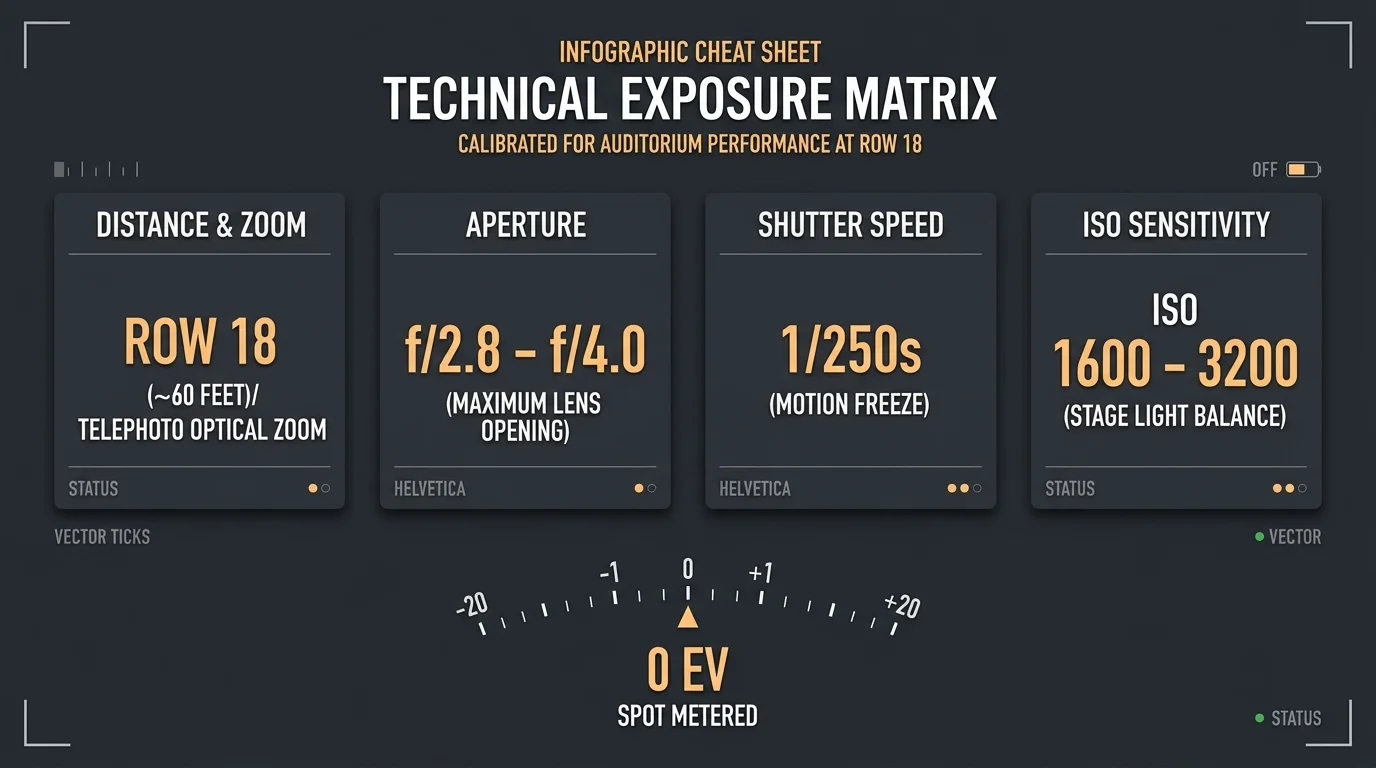 Technical exposure matrix cheat sheet showing distance, aperture, shutter speed, and ISO cards above an exposure meter.