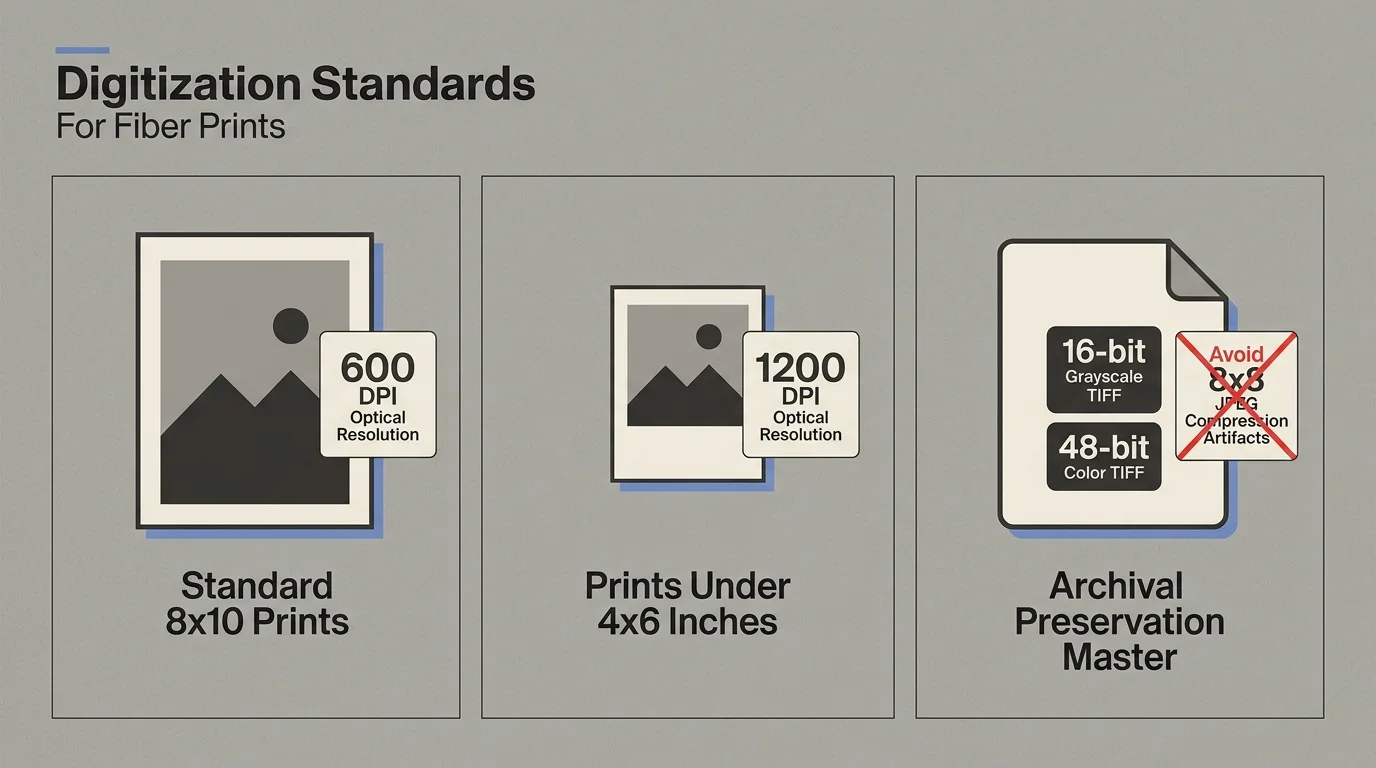 Diagram outlining digitization standards: 600 DPI for 8x10 prints, 1200 DPI for prints under 4x6, and 16-bit TIFF files.