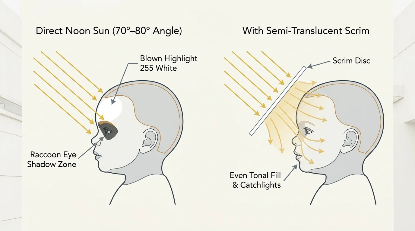 Diagram comparing direct noon sun causing toddler raccoon eye shadows versus a scrim disc diffusing light for even fill.