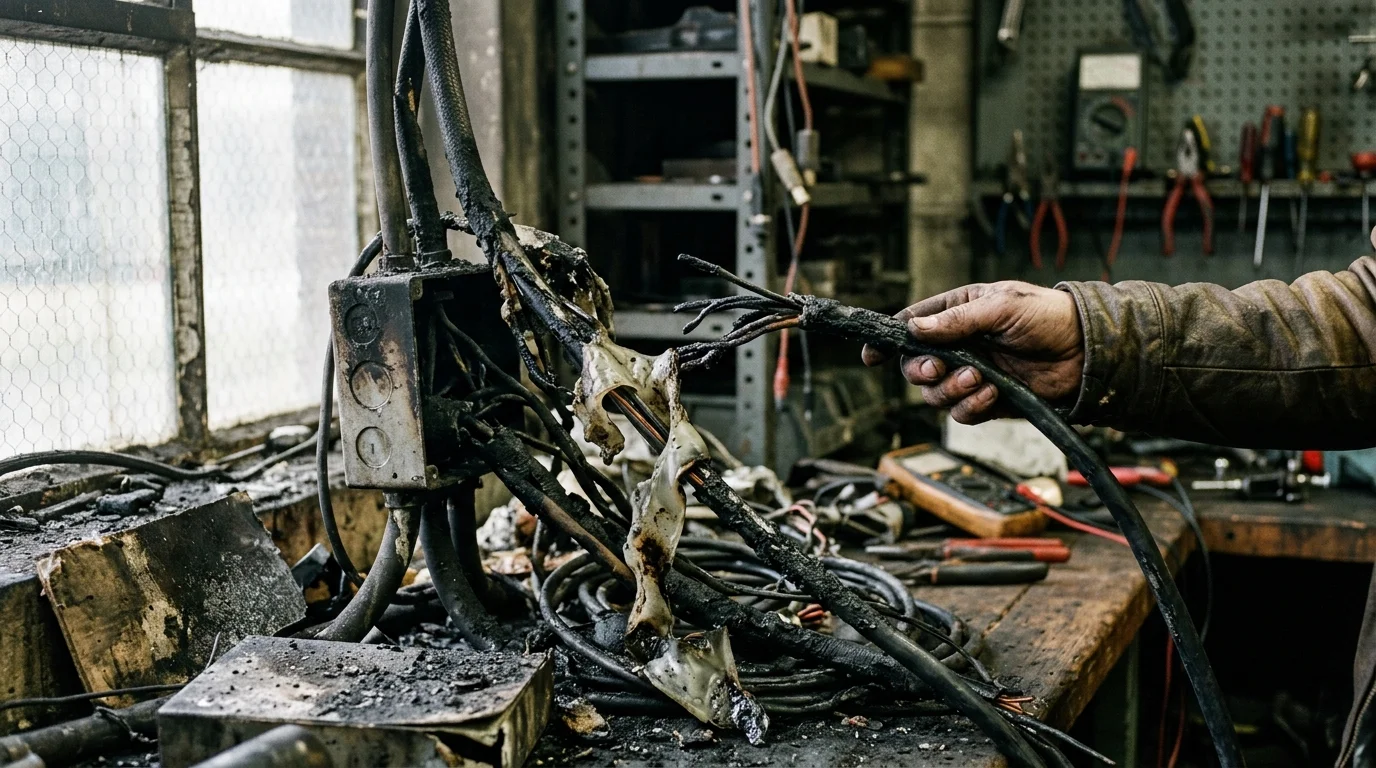 A person holds charred electrical wires connected to a fire-damaged junction box on a messy workbench in a workshop.