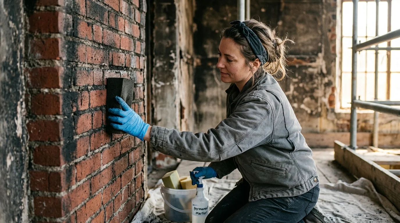 Woman wearing blue gloves wipes a soot-covered brick wall with a black cleaning sponge in a building under renovation.