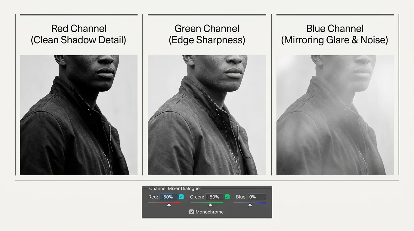 Diagram showing Red, Green, and Blue portrait channels above Photoshop Channel Mixer settings set to 50% Red, 50% Green, 0% Blue.