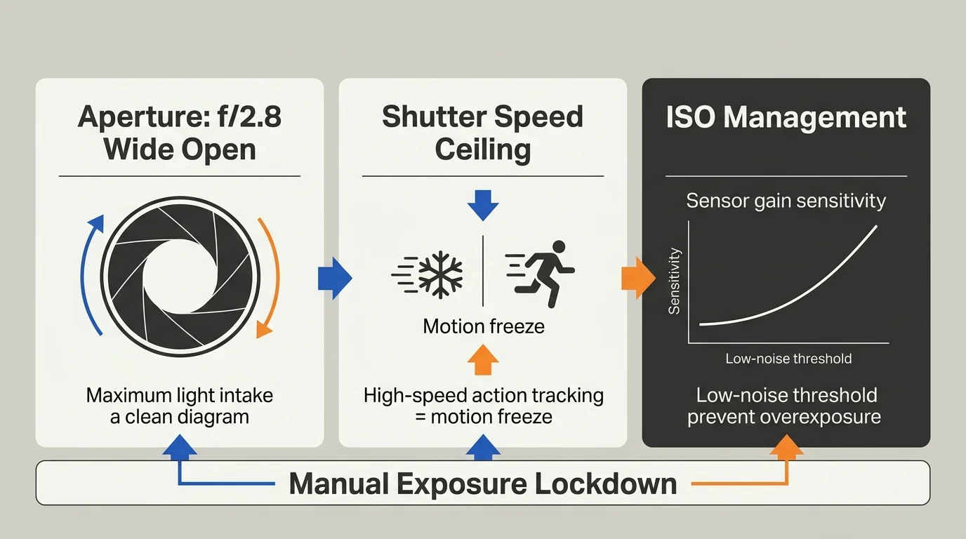 Diagram outlining manual exposure lockdown across aperture f/2.8, shutter speed ceiling, and ISO management panels.