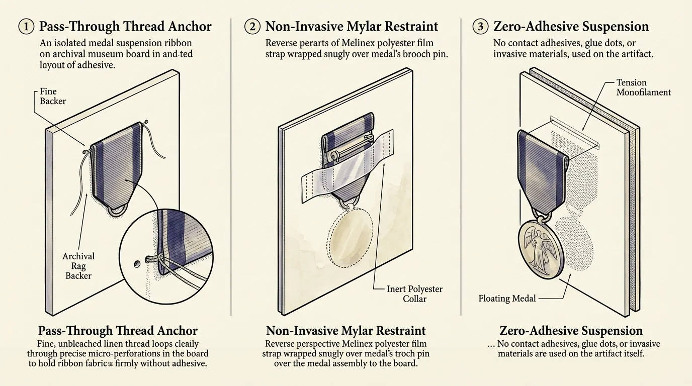 Three diagrams showing mechanical mounting methods for medals: thread anchors, Mylar straps, and zero-adhesive suspension.