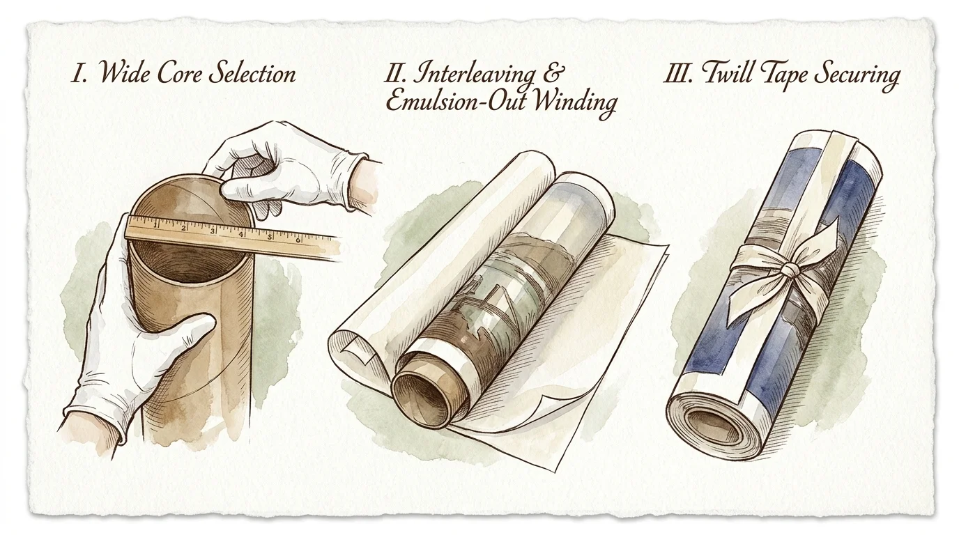 Three-step illustration showing measuring a cardboard tube, rolling a photograph emulsion-side out, and tying it with twill tape.