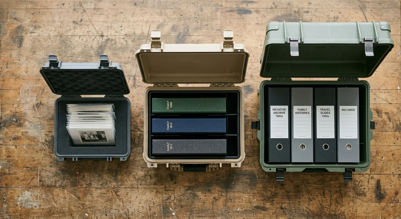 Three open hard cases of increasing sizes on a wooden table, packed with photo sleeves, cloth albums, and archive binders.
