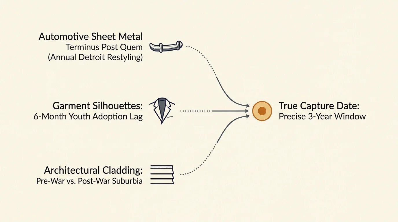 Diagram showing three clues—automotive sheet metal, garment silhouettes, and architectural cladding—converging on a target.