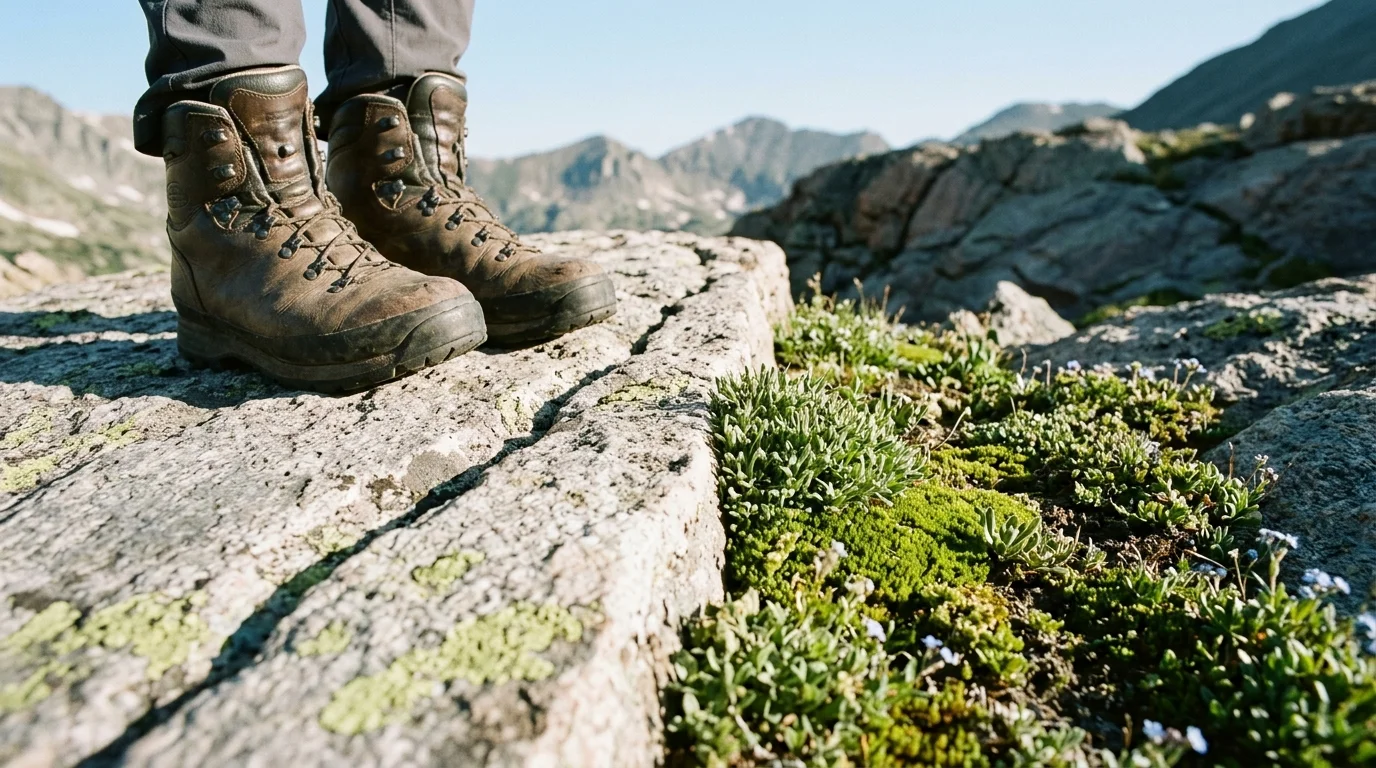 Hiking boots stand on a rocky ledge beside green alpine plants and tiny blue flowers in the mountains.