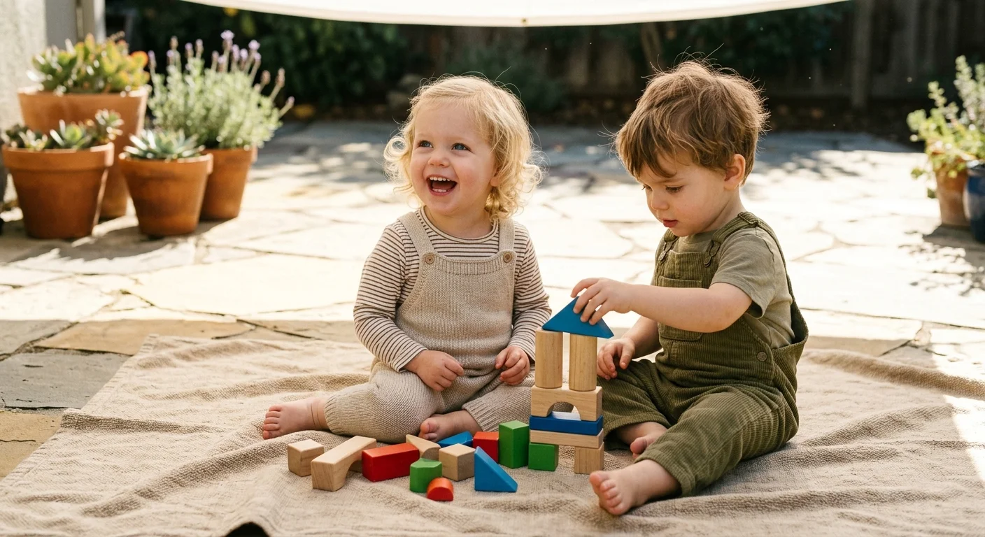 Two young toddlers sit outdoors on a blanket under a diffusion scrim, playing together with colorful wooden blocks.