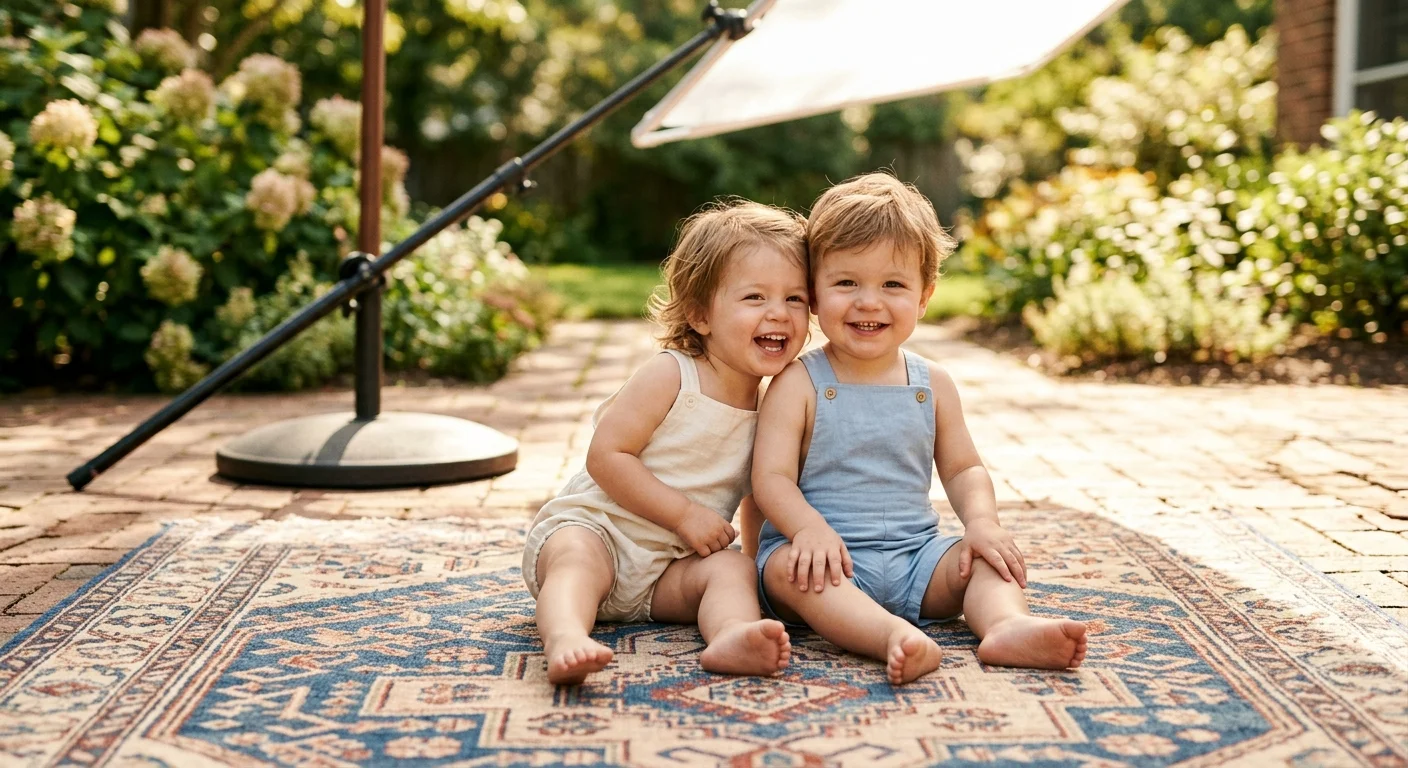 Two smiling toddlers in rompers sit on an outdoor patterned rug beneath a tilted diffuser stand on a brick patio.