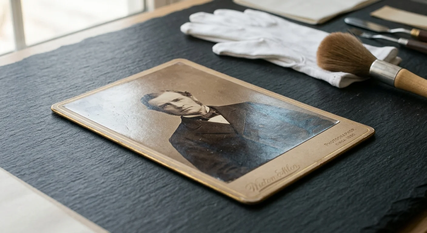 Antique cabinet card portrait of a man resting on a dark mat beside white cotton gloves and a soft archival brush.