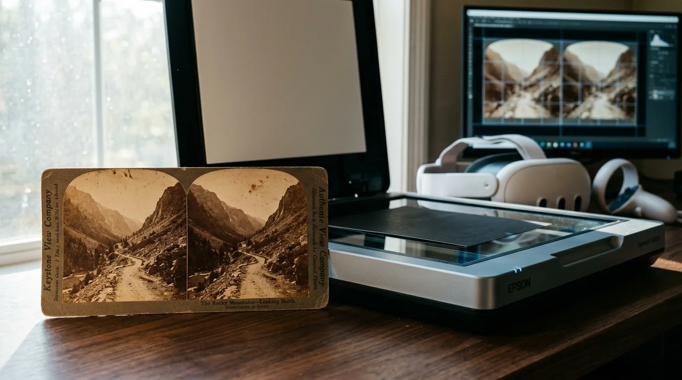 A vintage stereocard beside an open flatbed scanner, with a VR headset and computer monitor displaying the image.