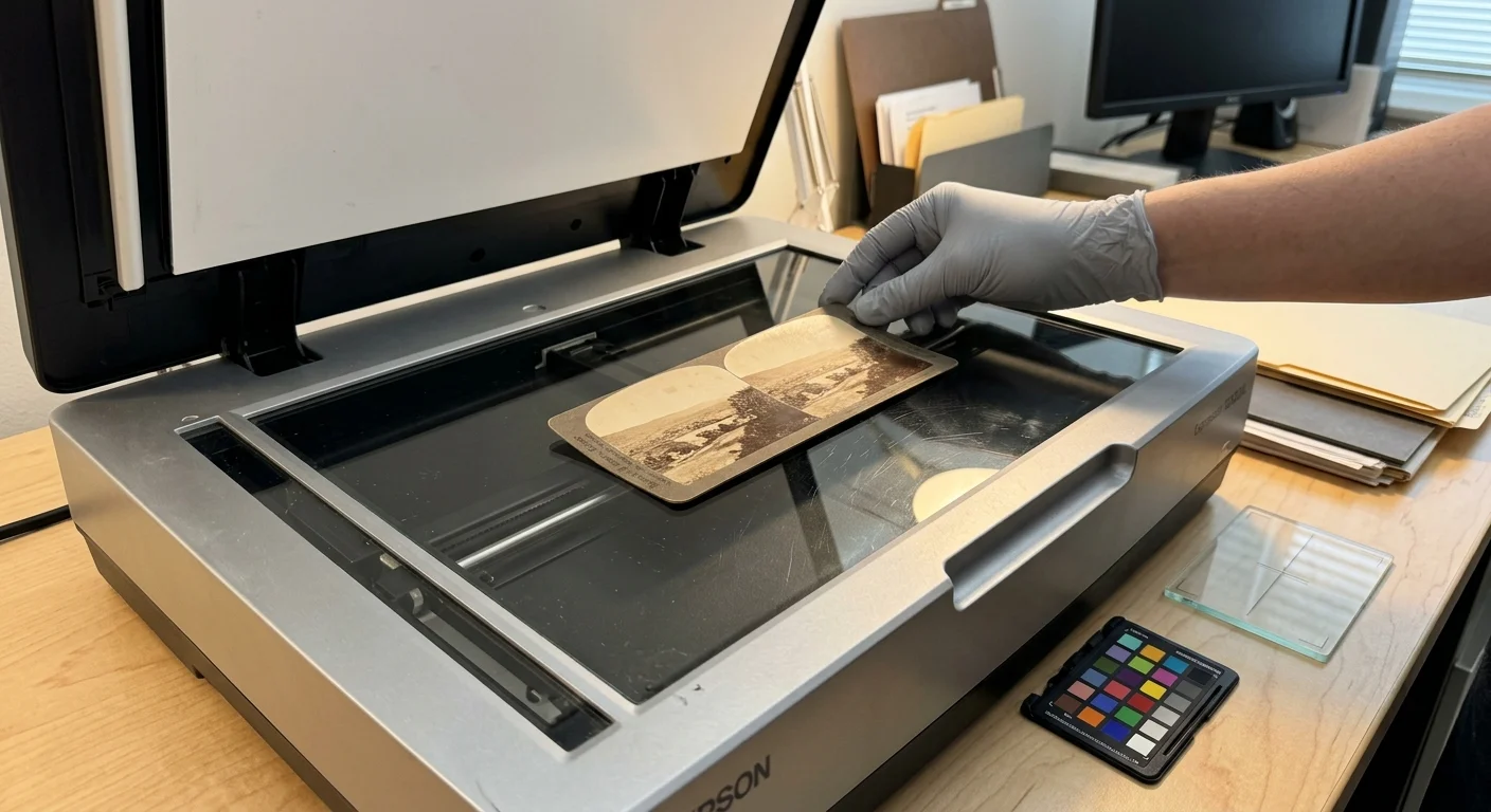 A gloved hand places an antique stereoview card onto the glass platen of an open flatbed scanner on an office desk.
