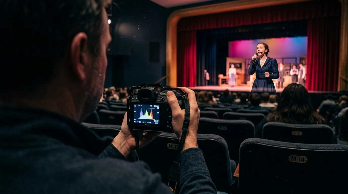 Audience member in a theater holding a camera displaying a color histogram while photographing an actress on stage.