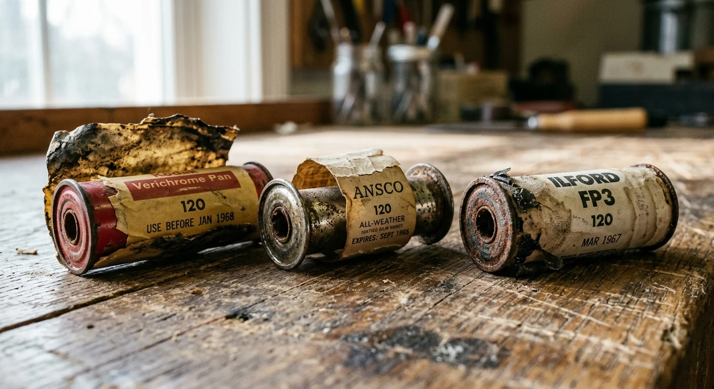 Three vintage rolls of 120 film with rusted metal spools and degraded paper wrappers resting on a weathered wooden surface.