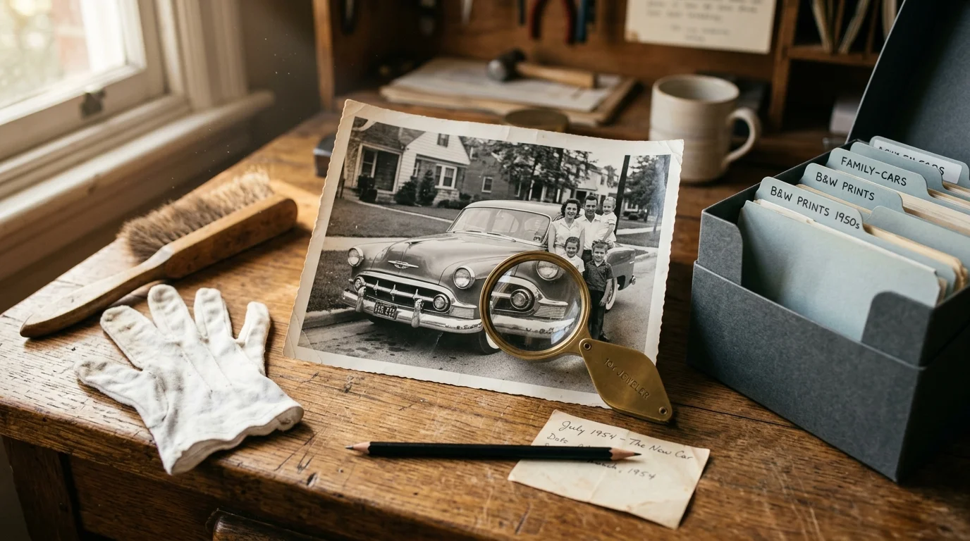 Vintage family photo beside a mid-century car on a desk with a magnifying glass, archival gloves, and catalog box.