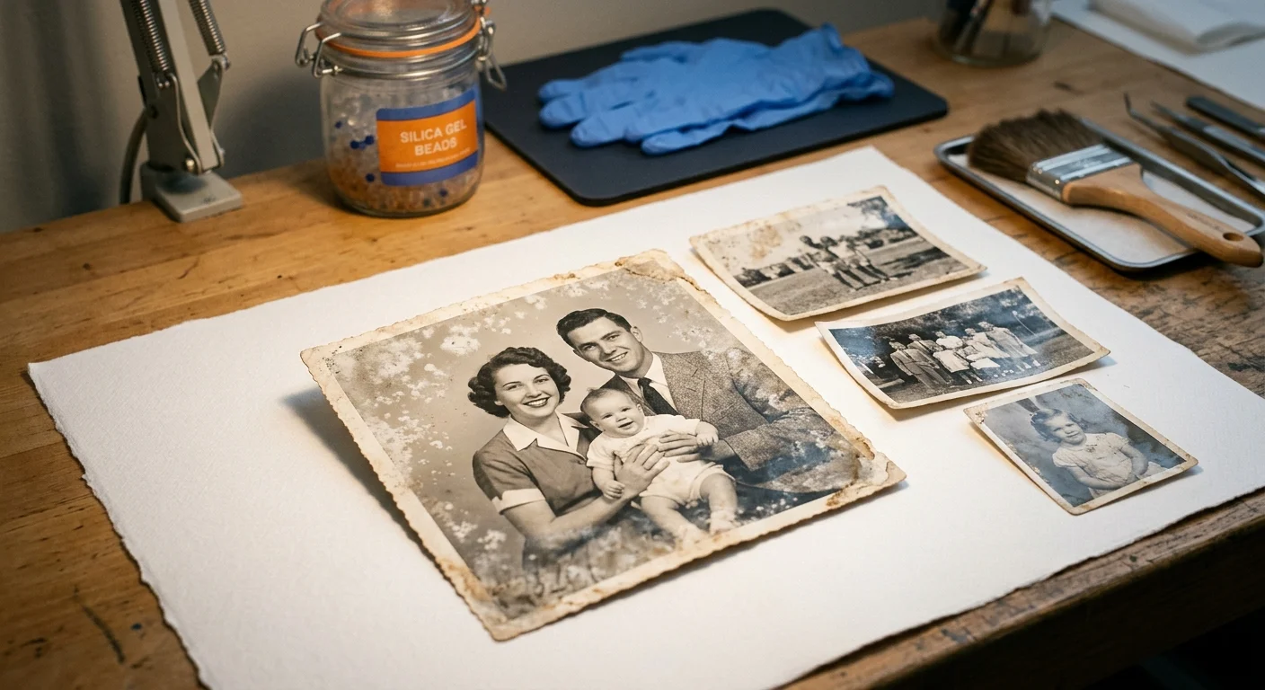 Vintage black-and-white family photographs arranged on paper near a jar of silica gel beads, blue gloves, and brushes.