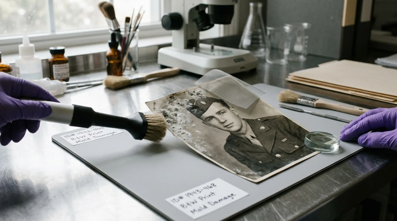 Gloved hands use a brush vacuum attachment over mesh screening to clean mold off a vintage military portrait.