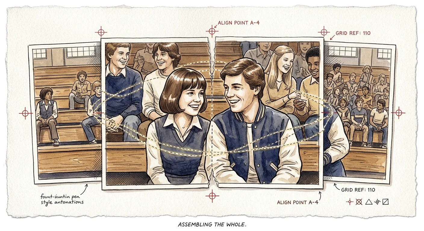 Illustration showing overlapping vintage group photos being stitched together with dashed alignment lines and crosshair markers.