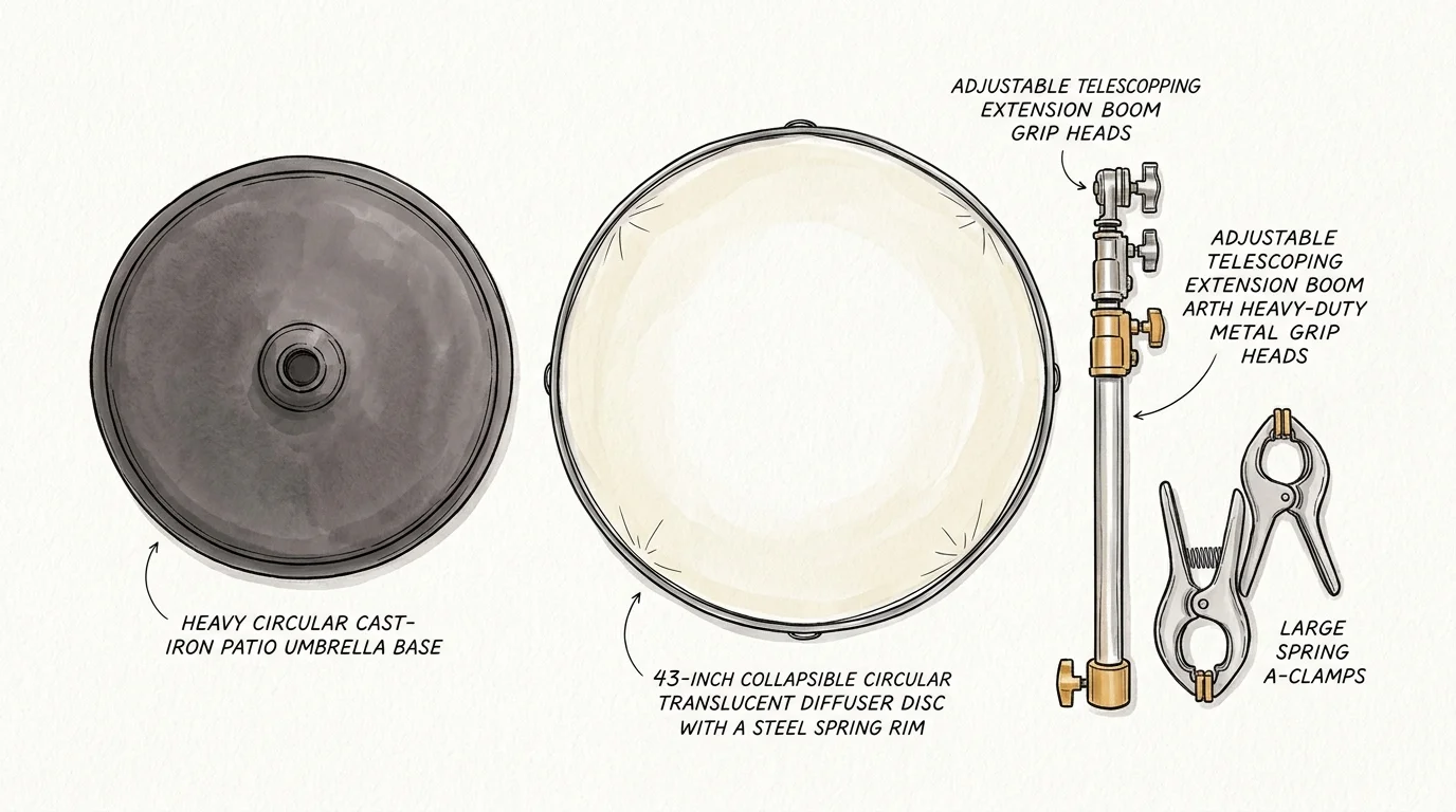 Illustration of a cast-iron patio umbrella base, circular translucent diffuser disc, extension boom, and spring clamps.